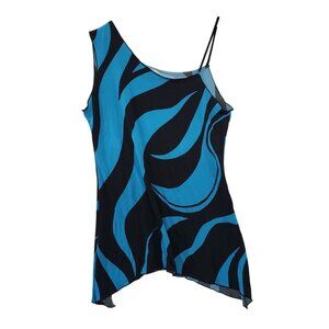 Y2K Poetry Clothing Asymmetrical Hem Blue Black Swirl Tank Top One Shoulder Bold